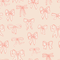 Seamless pattern with hand-drawn coquette pink bows and ribbons