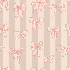 Seamless pattern with hand drawn bows and ribbons with beige stripes on the background. Perfect for wallpaper, textiles, wrapping paper, greeting cards and more.