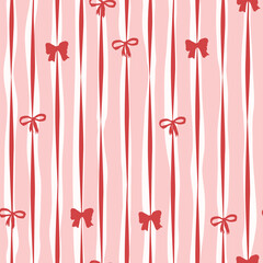 Seamless pattern with hand drawn red bows and ribbons with pink stripes on the background. Perfect for fabric, wallpapers and gift designs
