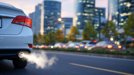 Macro perspective of exhaust emission, smoke rising into air with soft light scattering, golden hour backdrop with skyscrapers and blurred vehicles conveying city life and motion