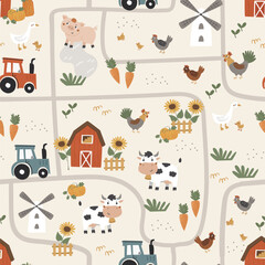 Seamless pattern with a farm map. Hand-drawn vector outline with fun characters: a cow, pig, chickens, a tractor, and a mill. Perfect for wallpaper, textiles, wrapping paper, greeting cards and more.
