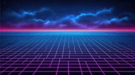Neon grid landscape under a stormy digital sky.