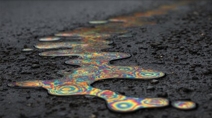 Vibrant iridescent oil slick abstract pattern swirls with rainbow colors on dark asphalt surface, showcasing natural beauty and chemical phenomenon.