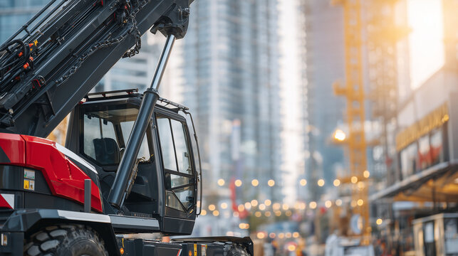 Close-up of a mobile hydraulic crane on city street, outriggers fully extended, metallic boom detailed, urban buildings softly blurred in background, sunlight highlighting mechanic
