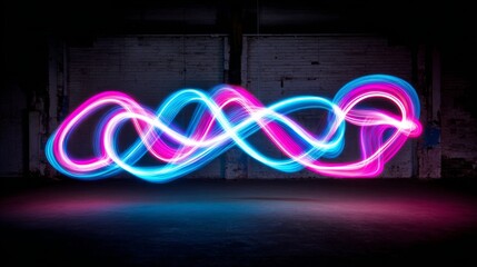 Vibrant neon light sculpture swirls with intertwined glowing pink and blue energy patterns in a dark, textured industrial setting
