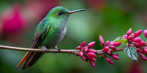 Obraz premium Hummingbird perched on branch with pink flower buds