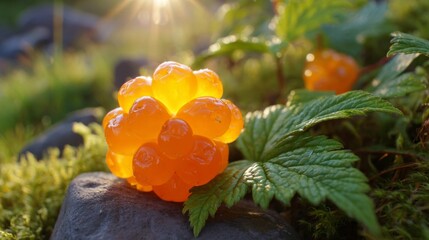 A bright orange ripe cloudberry cluster with detailed textured surface bathed in warm sunlight on a mossy stone near green leaves