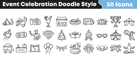 Collection of thirty hand drawn doodle style icons representing various celebration events activities food and entertainment on transparent background