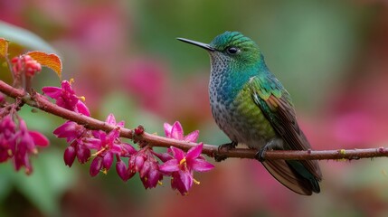 Obraz premium Hummingbird perching on pink flowers branch