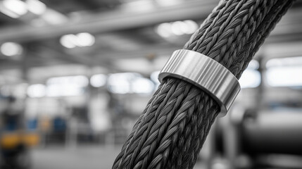 Detailed shot of industrial braided hose, clamps securely fastened, metallic textures catching light, machinery and industrial elements subtly out of focus behind