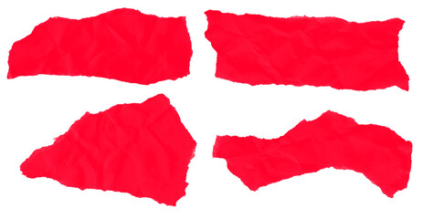 Crumpled red paper PNG fragments with rough torn edges, textured wrinkled surface, minimalist overhead composition isolated on transparent background