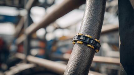 Cinematic close-up of braided metal hose and clamps, rugged textures highlighted, industrial pipes and machinery in blurred background, lighting accentuating mechanical robustness