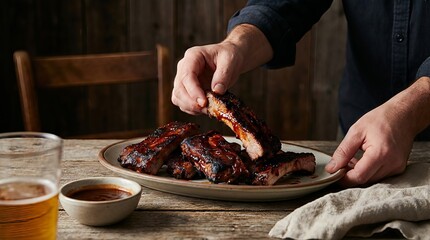 Close up of a person picking up a juicy barbecued rib from a plate.