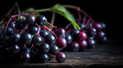 A dark and detailed close-up of a cluster of ripe, deep purple elderberries resting on a rustic wooden surface, showcasing nature's bounty and potential for culinary use.