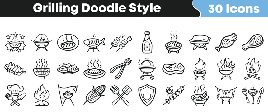 Collection of 30 hand drawn black and white grilling and barbecue icons featuring grills food and utensils on transparent background