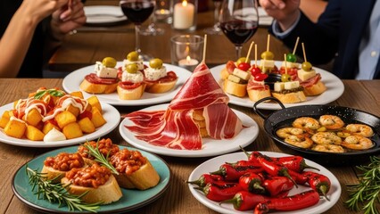 Delicious assortment of tapas including cured meats and roasted vegetables on a wooden table