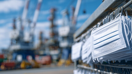 Cinematic close-up of respirator storage, clean masks hanging in organized compartments, metallic rack details highlighted, blurred petrochemical plant setting creating context