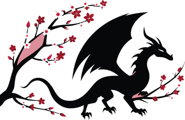 Fototapeta premium Dragon silhouette with cherry blossom flowers on pink background