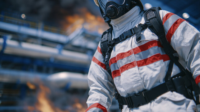 Close-up macro of fire-resistant suit and SCBA, textured flame-retardant fabric visible, metallic buckles and air cylinders highlighted, blurred industrial pipelines in the backgro