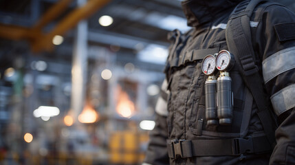 Detailed macro of SCBA backpack and fire suit, fabric weave and cylinder gauges clearly visible, reflective surfaces catching soft light, industrial plant context suggested in back