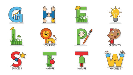 Fototapeta premium Alphabet of values represented by characters and images, symbolizing positive attributes like