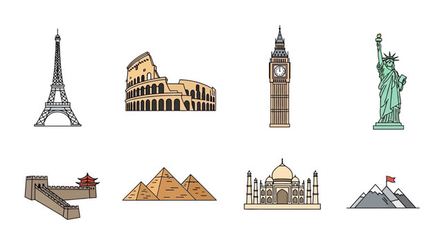 Cartoon icons illustration of famous world landmarks and tourism destinations collection