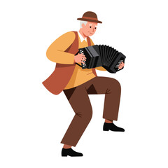 Elderly man playing accordion with joy and passion, dressed in a hat and waistcoat, in a dynamic pose, celebrating music