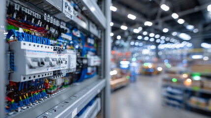 Macro perspective of wiring and switches inside control cabinet, intricate connections visible, metallic panels reflecting light, neatly organized color-coded cables in sharp focus