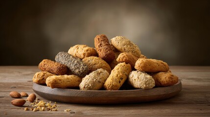 A healthy assortment of natural, unsweetened dog biscuits piled high on a wooden plate, showcasing wholesome ingredients for pets.