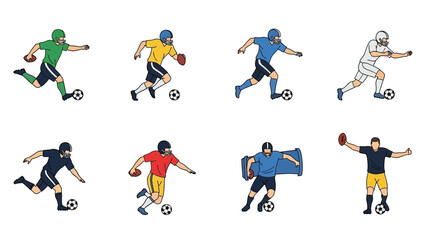Diverse depiction of athletes engaged in a combination sport of soccer and american football