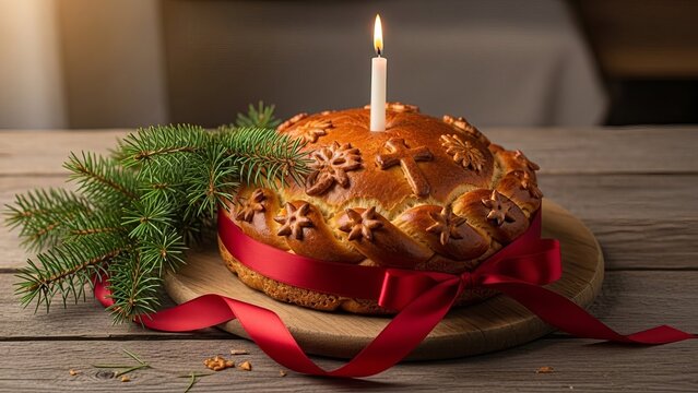 Rustic Kolach Still Life with Candle & Evergreen