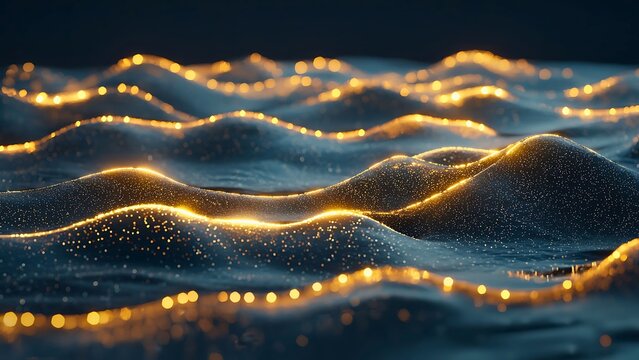 Abstract digital landscape with glowing waves, evocative of technology or data flow. The undulating patterns shimmer, creating a sense of depth and movement - Powered by Adobe