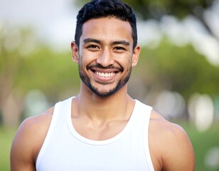Close-up of a smiling, dark-haired man in a white tank top. He's outside with a blurred green background