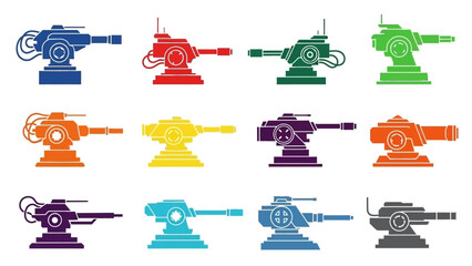 Colorful Set of Anti-Aircraft Cannon Illustrations for Retro Futuristic Designs © Rrizki