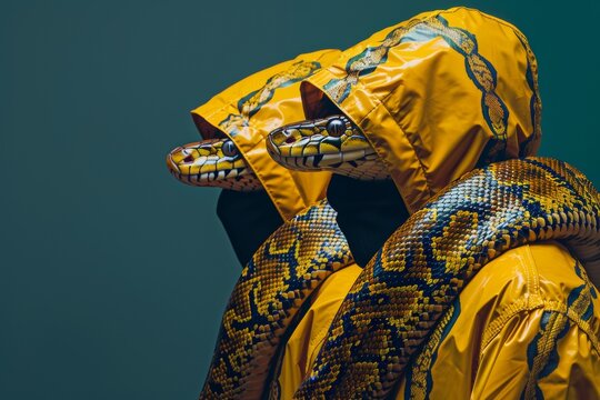 Dos pitones reales con chubasqueros amarillos, Imagen impactante para campa&ntilde;a de moda vanguardista, Retratos de serpientes ex&oacute;ticas con impermeables, Fotograf&iacute;a para editorial de lujo con animales