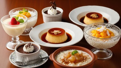 Assortment of creamy desserts on plates and in bowls on a table