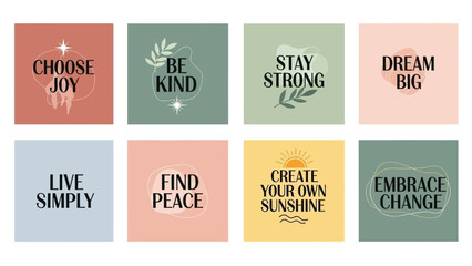 Inspirational quote design in minimalist style with pastel color background squares