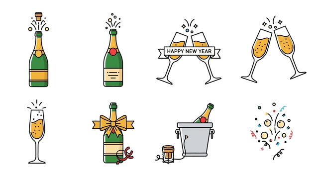 Festive new year celebration with champagne bottles and flutes icon set line art