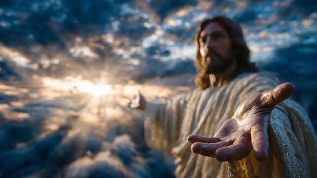 The hand of Jesus Christ reaching outward toward the viewer, softly illuminated with warm heavenly light, flowing robe sleeve visible, dramatic sky background with clouds, wide ban