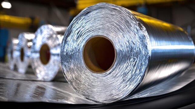 Medium shot showing reflective thermal insulation rolls unrolling smoothly during manufacturing emphasizing radiant heat barrier layers for superior energy conservation.