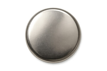 Blank silver button badge or round metallic pin mockup with customizable surface, top view and transparent background
