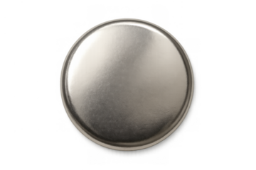 Blank silver button badge or round metallic pin mockup with customizable surface, top view and transparent background