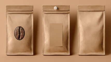 Coffee bean bag wrapper mockup kraft paper texture with valve on transparent background