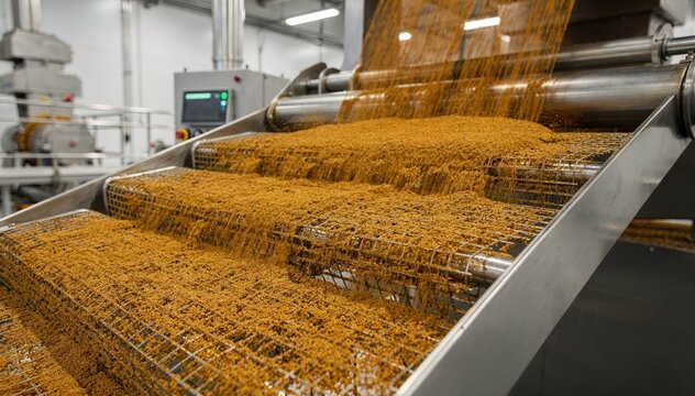 Detailed medium shot showing fine spice powder being sieved by hammer mill vibrating screens emphasizing precision in particle size consistency and quality control.