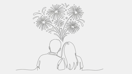 Romantic couple watching fireworks, minimalist line art drawing, celebration and joy