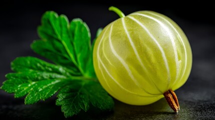 A Single Perfect Gooseberry With Its Green Leaf and Stem on a Dark Background, Showcasing its Natural Beauty and Freshness