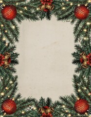 Classic Christmas Card Template with Large Empty White Center and Ornate Frame of Red Ornaments