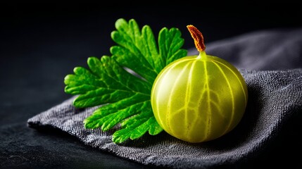 A Single Perfect Green Gooseberry with its Leaf on a Dark Textured Surface