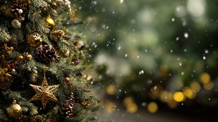Christmas pine branches with golden ornaments and snowfall