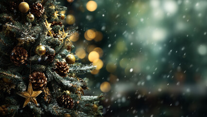 Moody Christmas tree branch with baubles and blurred lights